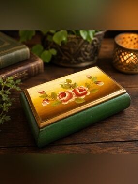 Vintage Hand Painted Peruvian Wooden Keepsake Box Floral Jewelry Trinket Storage